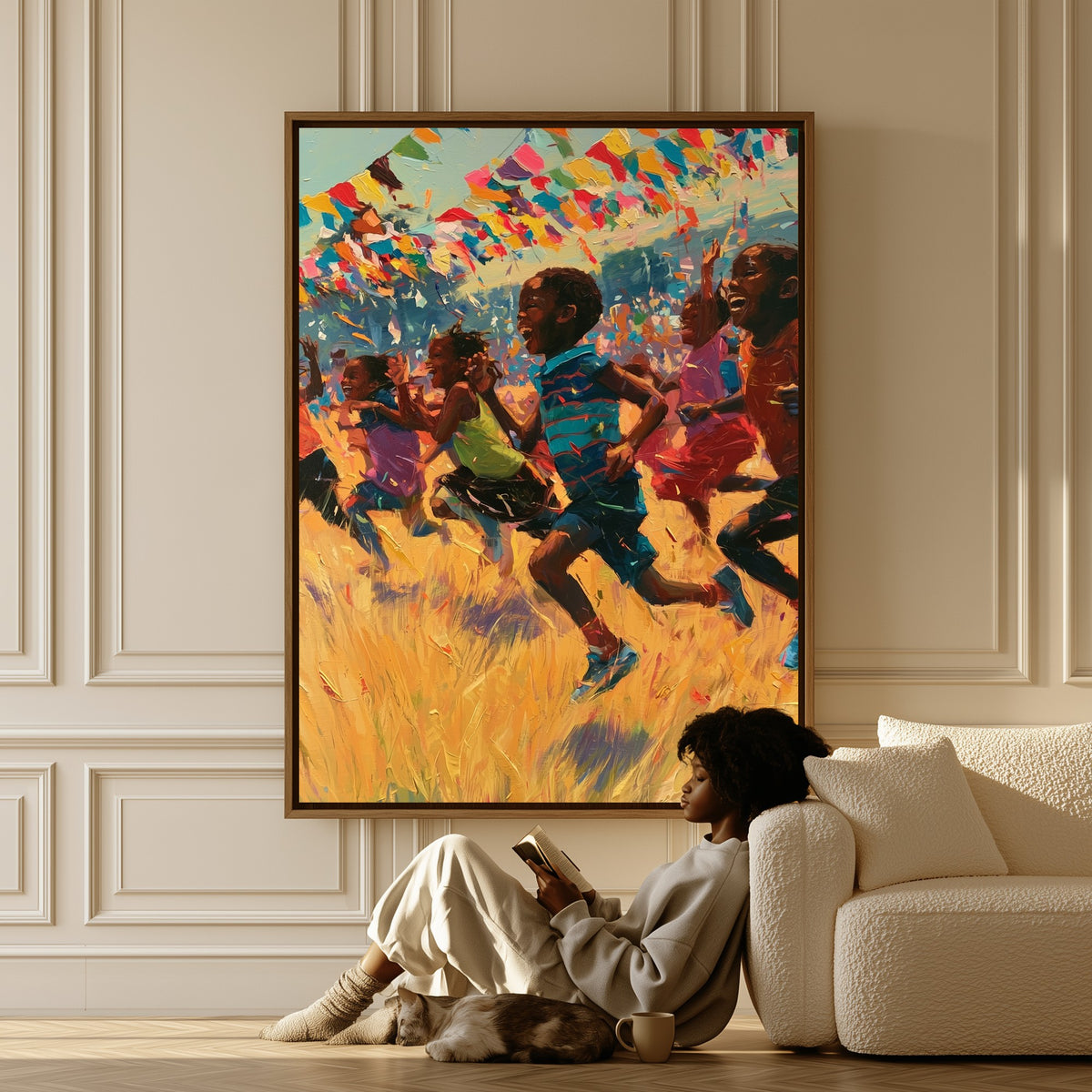 Summer Field Day canvas in a living room, a woman reading on the floor