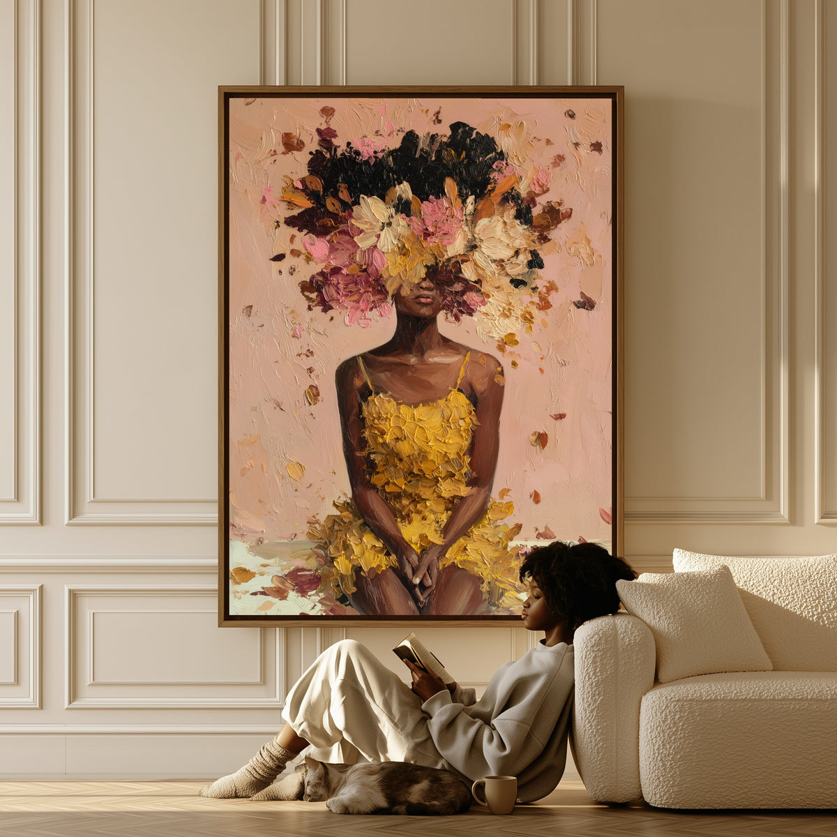 Petals Unbound canvas in a living room, a woman reading on the floor