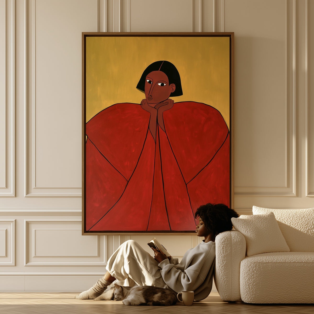 Crimson Repose canvas in a living room, a woman reading on the floor