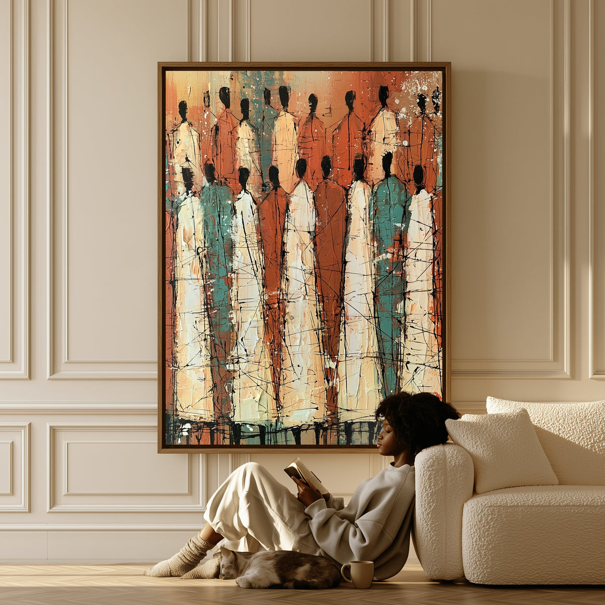 Standing Chorus canvas in a living room, a woman reading on the floor