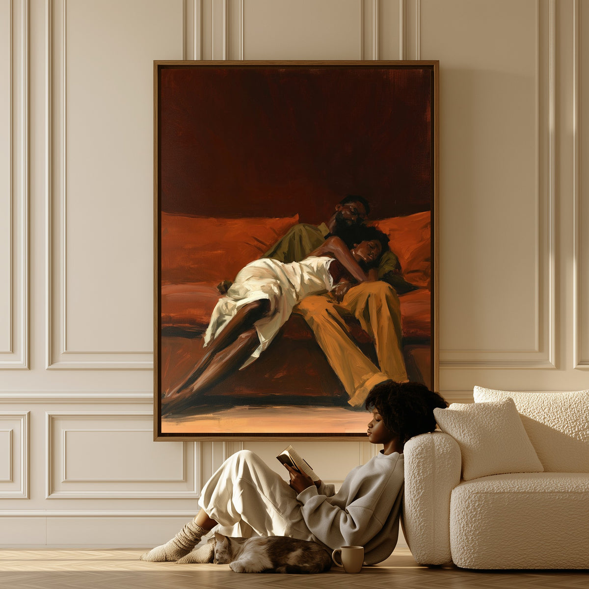 After Hours canvas in a living room, a woman reading on the floor