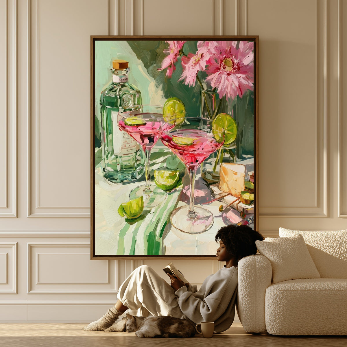 Still Life with Cosmopolitans canvas in a living room, a woman reading on the floor