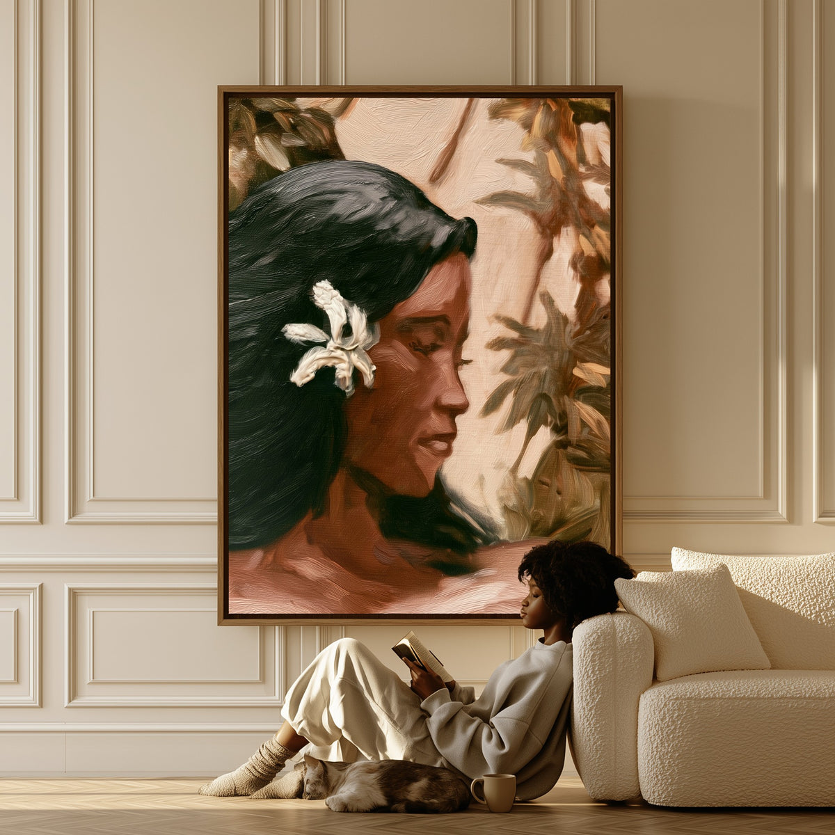 Woman with a Frangipani canvas in a living room, a woman reading on the floor