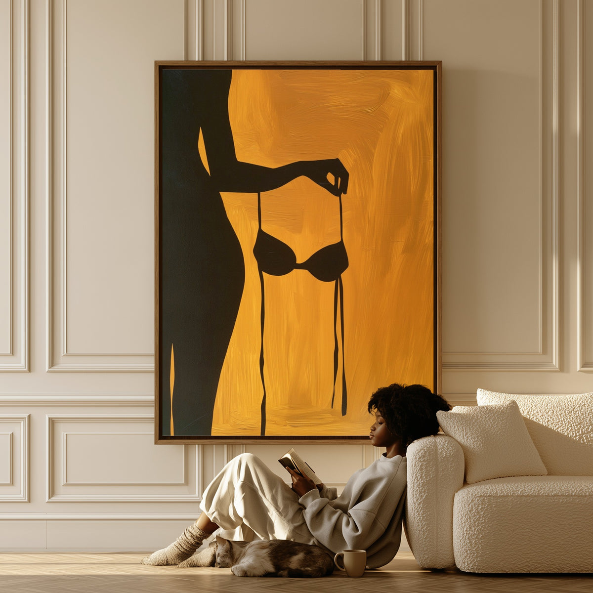 Heat of August canvas in a living room, a woman reading on the floor
