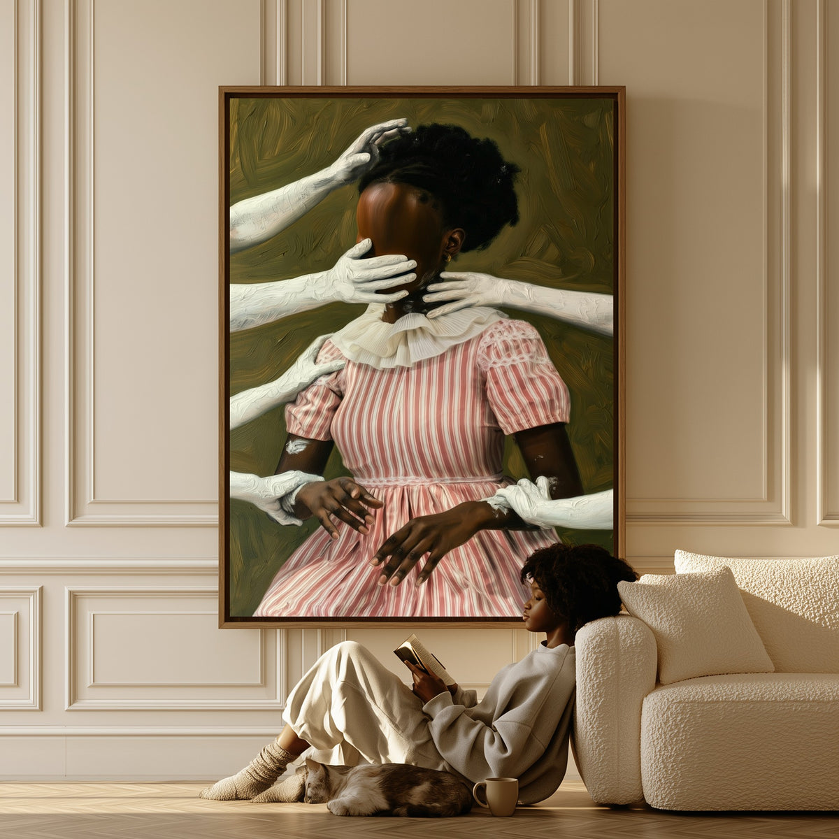 Held Still canvas in a living room, a woman reading on the floor