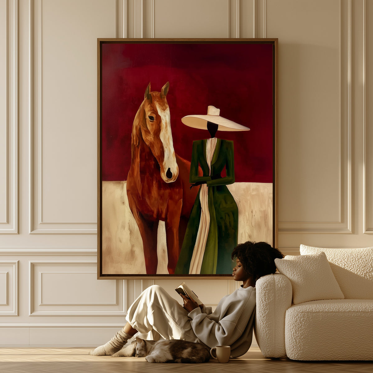 The Chestnut Horse canvas in a living room, a woman reading on the floor
