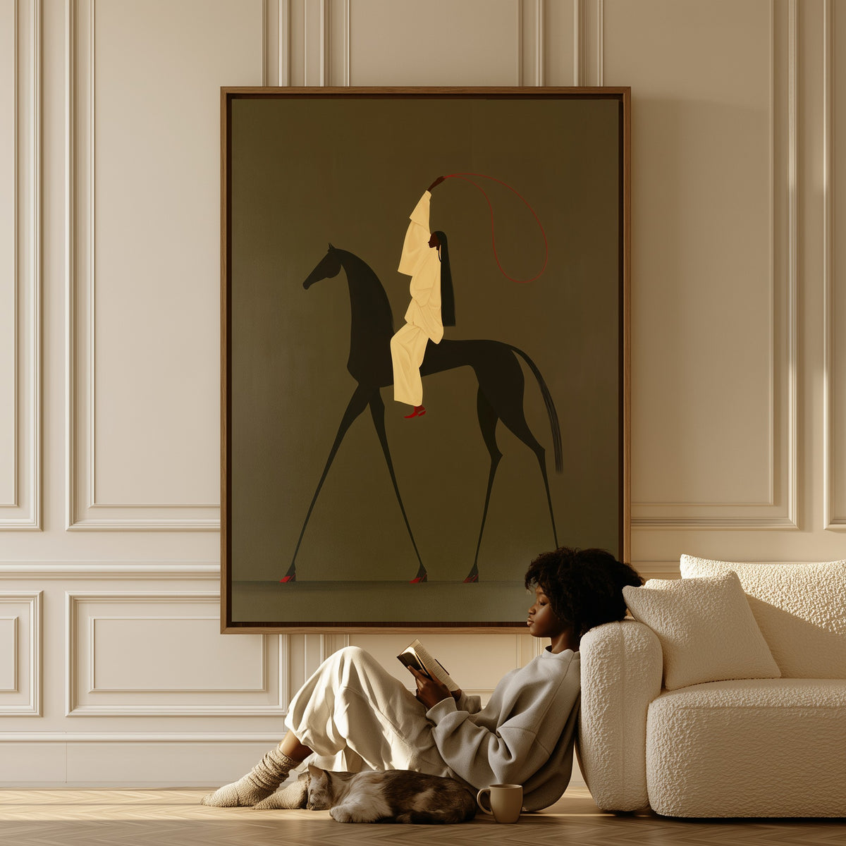 Stride canvas in a living room, a woman reading on the floor