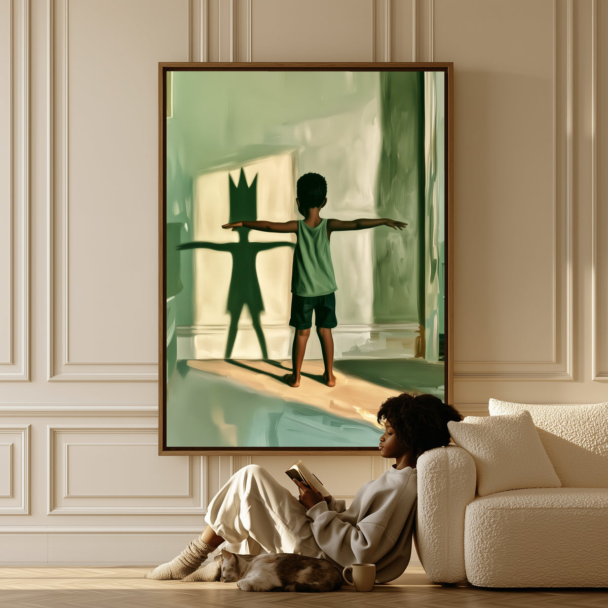 Wings at Noon canvas in a living room, a woman reading on the floor