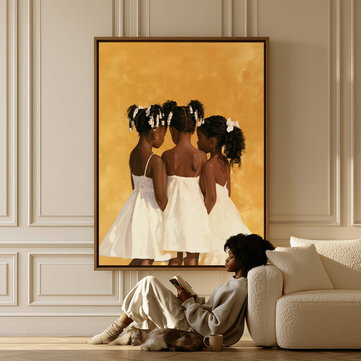 Three Sisters canvas in a living room, a woman reading on the floor