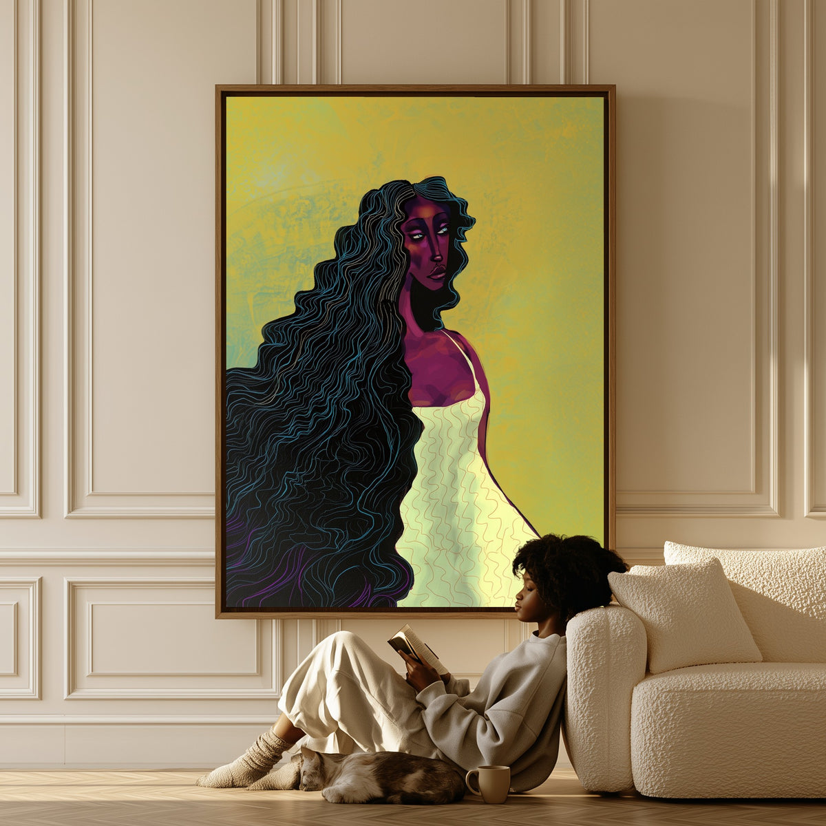 Undertow canvas in a living room, a woman reading on the floor