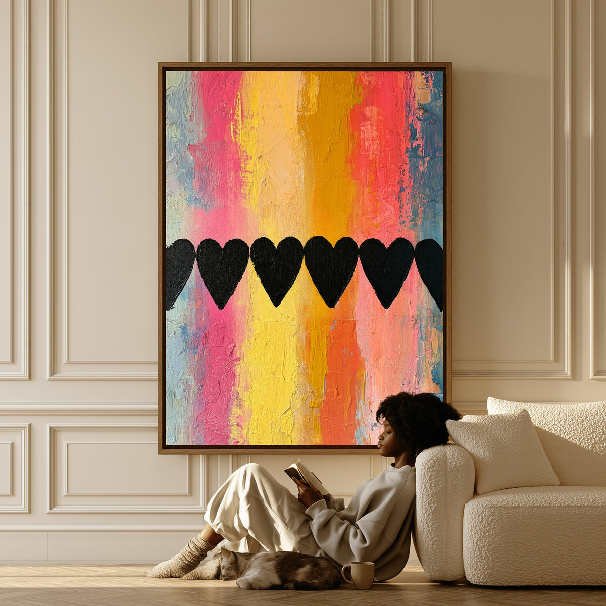 Hearts in Line canvas in a living room, a woman reading on the floor