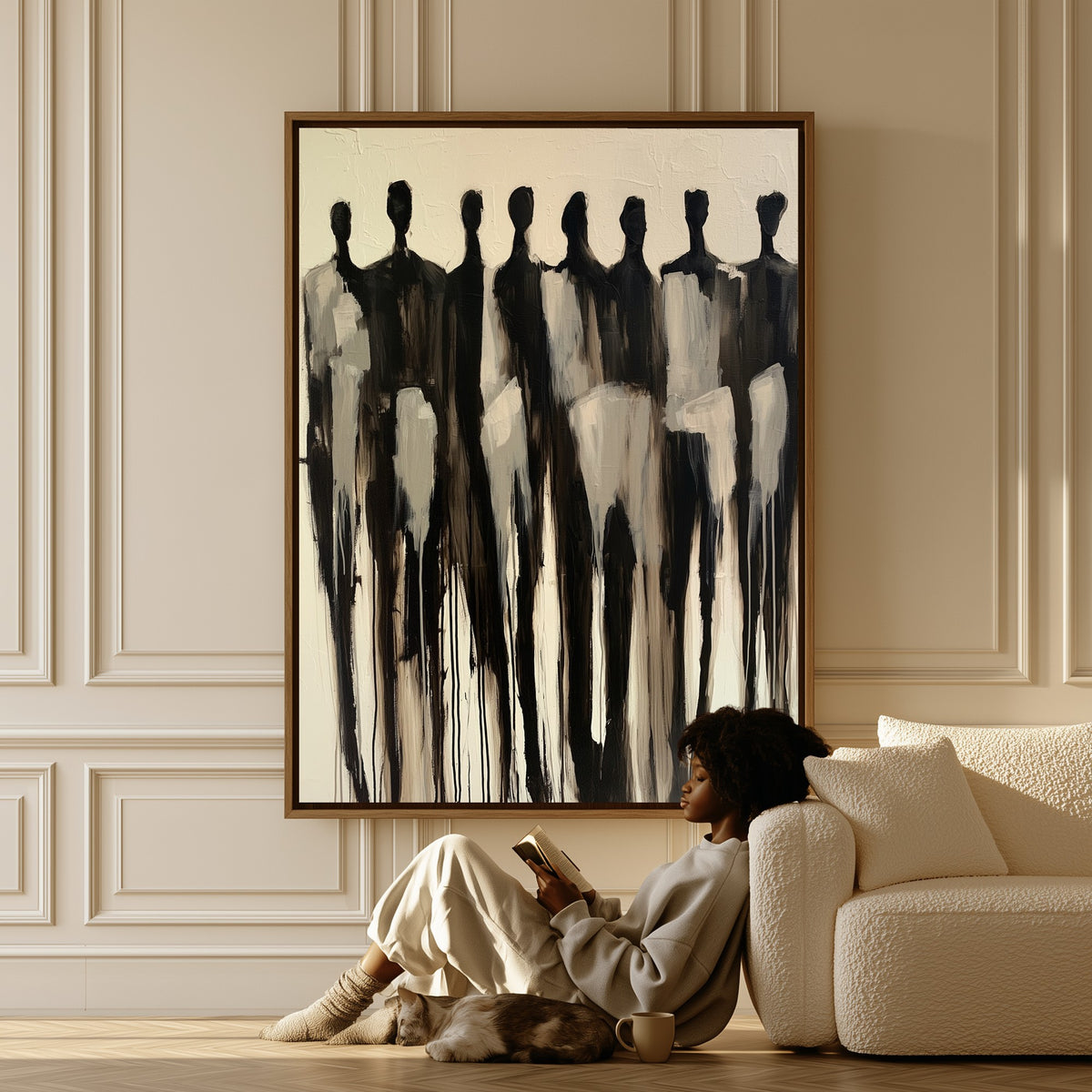 Procession canvas in a living room, a woman reading on the floor