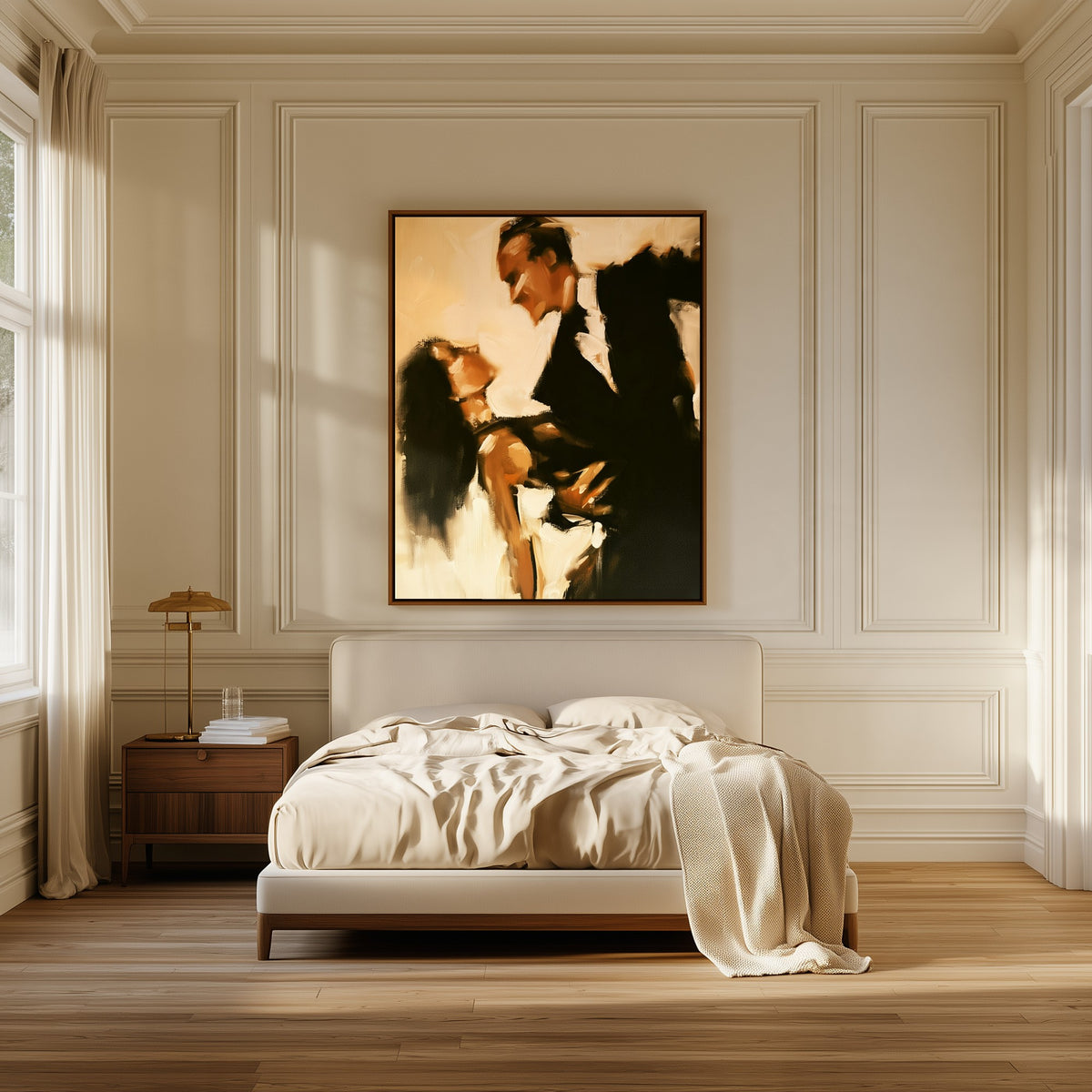 The Last Waltz canvas above the bed in a bedroom