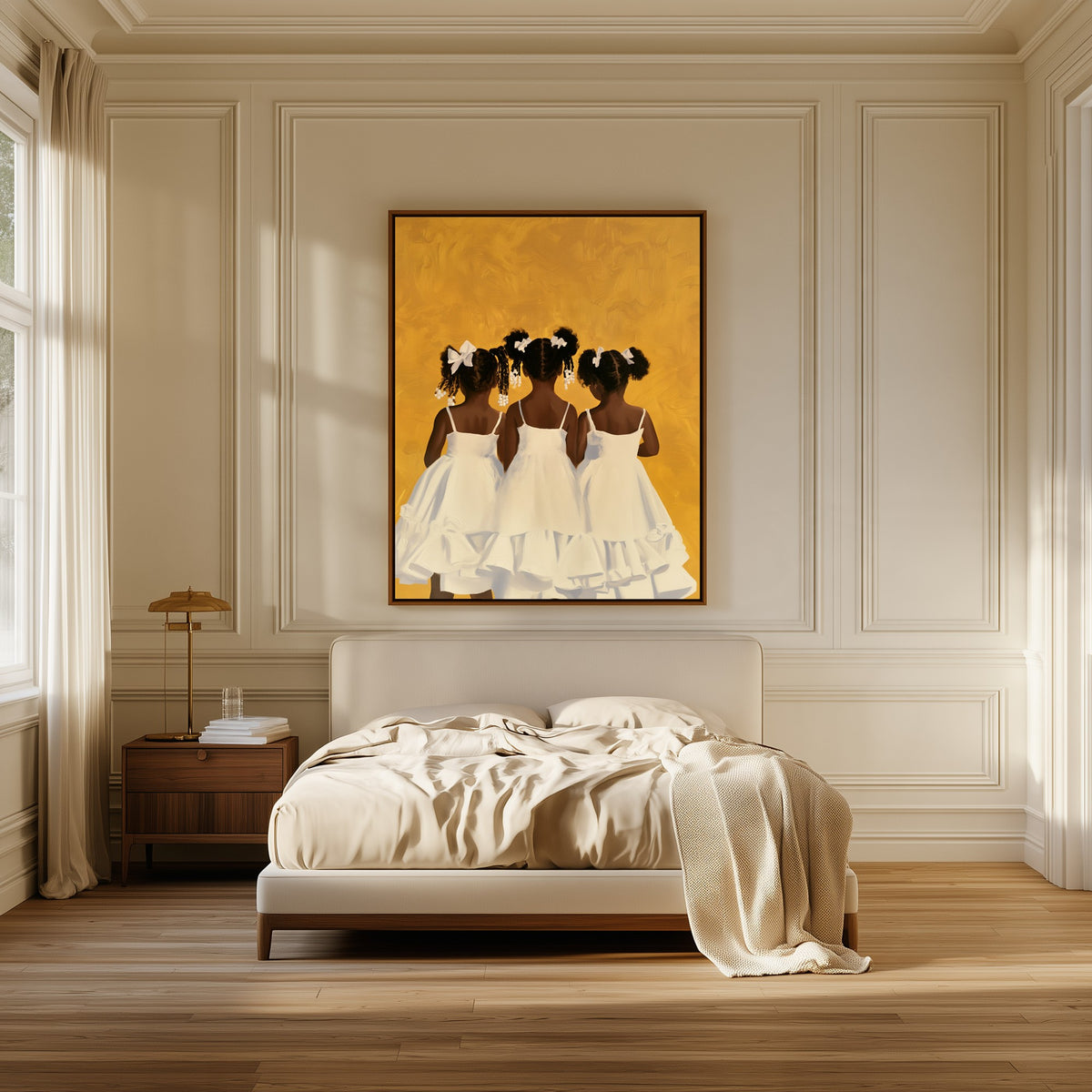 Before the Photograph canvas above the bed in a bedroom