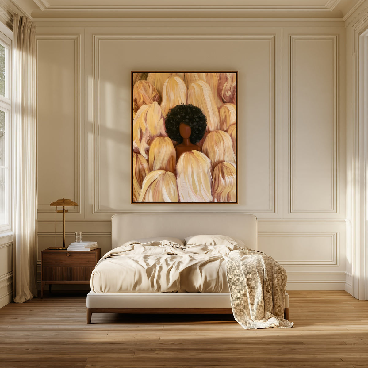 Portrait Among the Blondes canvas above the bed in a bedroom
