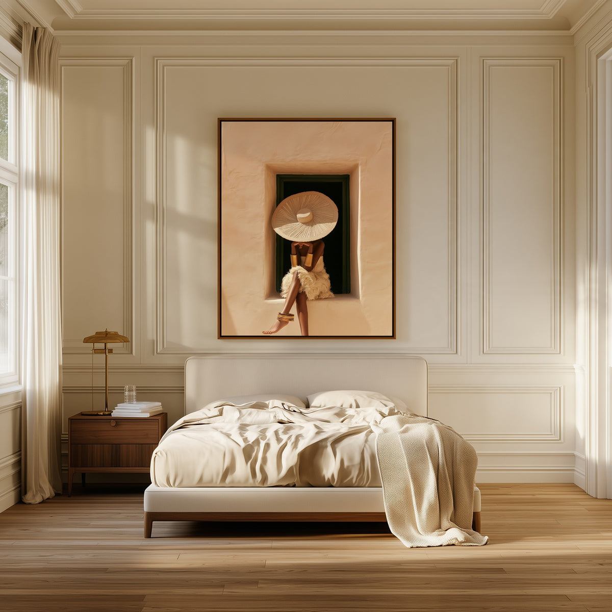 Warm Seclusion canvas above the bed in a bedroom