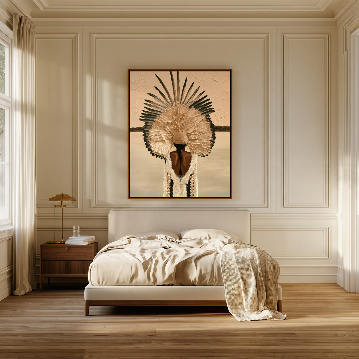 Plumed Silence canvas above the bed in a bedroom
