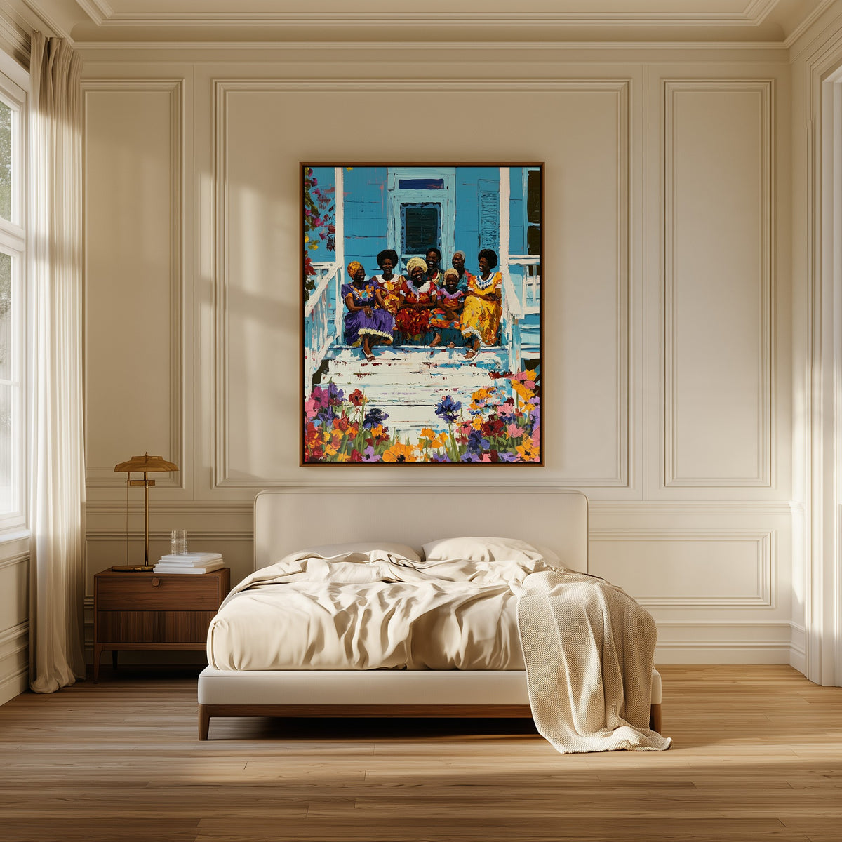 Front Porch Reunion canvas above the bed in a bedroom