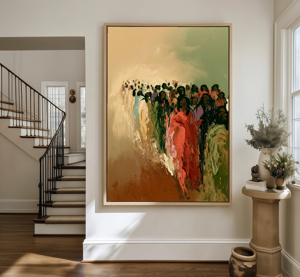 The Great Migration framed canvas in an entryway by the stairs