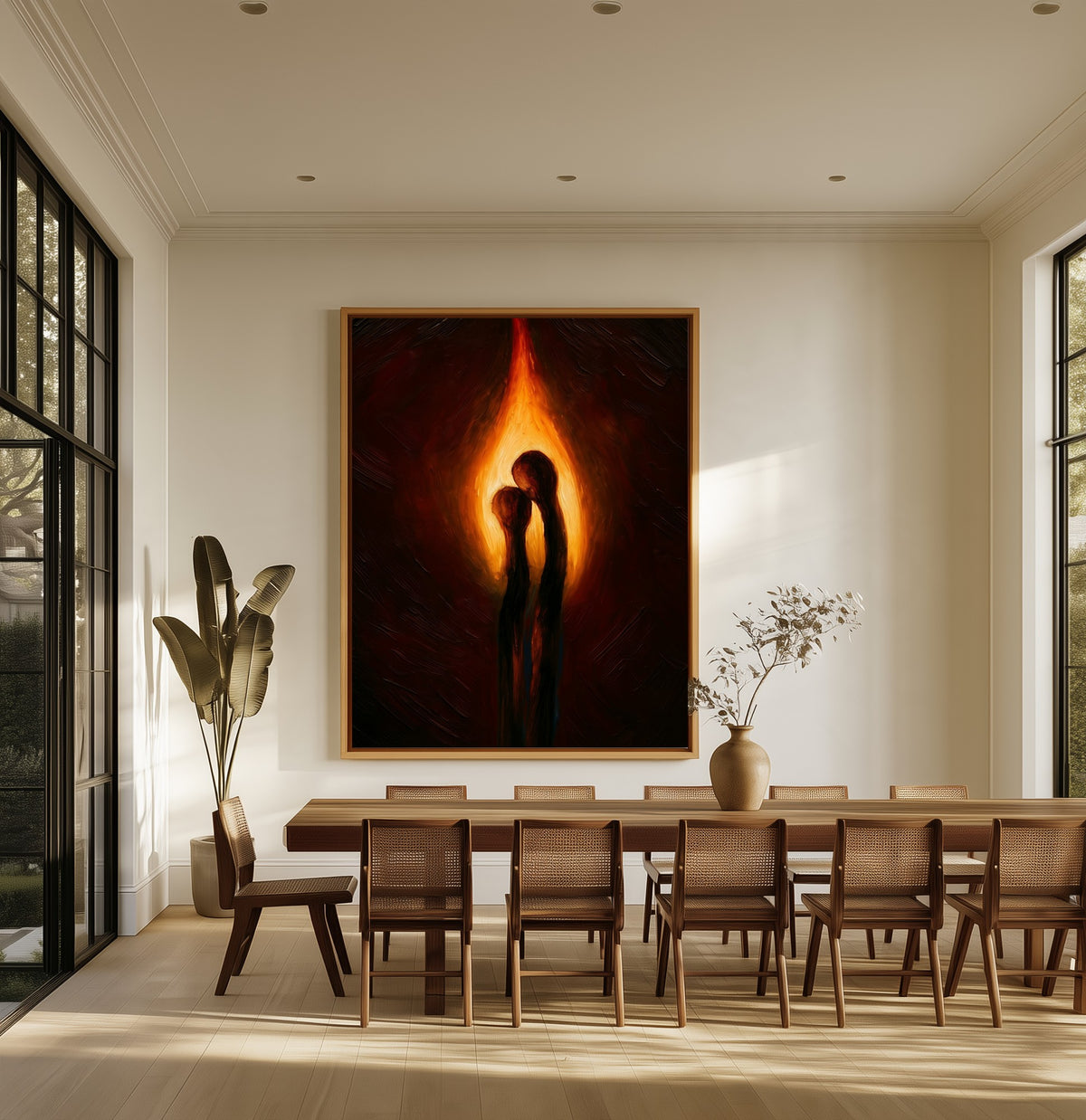 One Flame canvas above an oak dining table