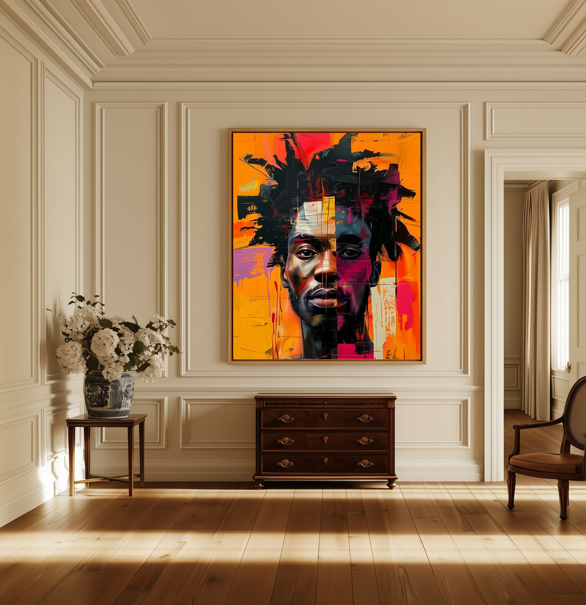 Loud Crown canvas above a dark wood chest in a hallway
