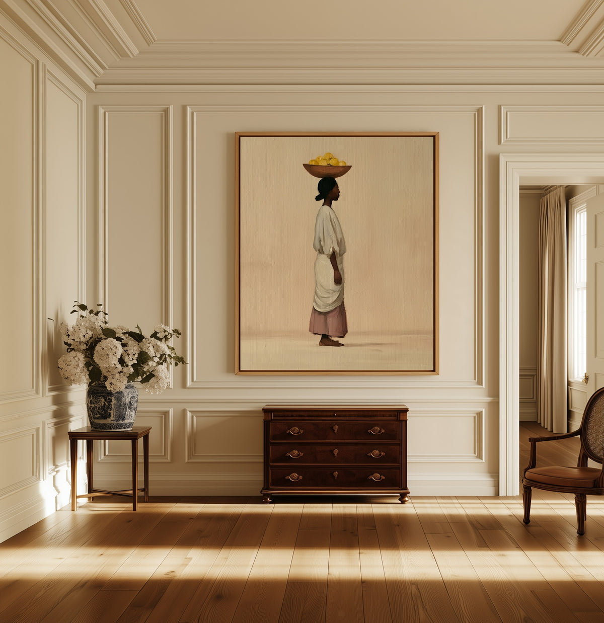 Balance canvas above a dark wood chest in a hallway