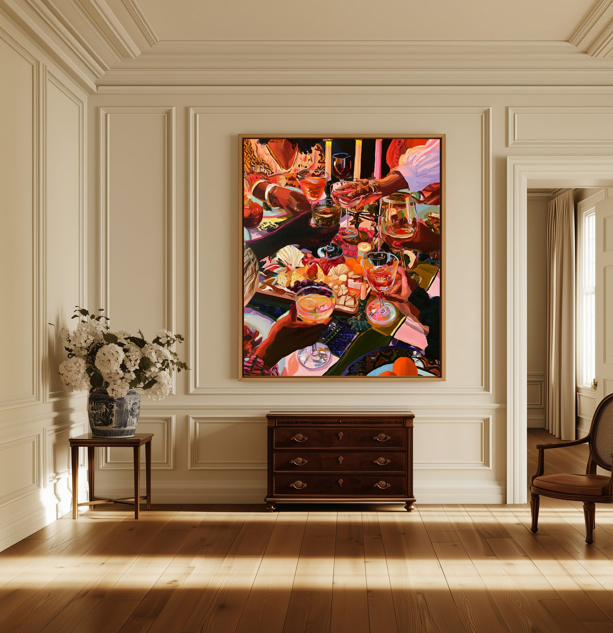 Candles and Company canvas above a dark wood chest in a hallway