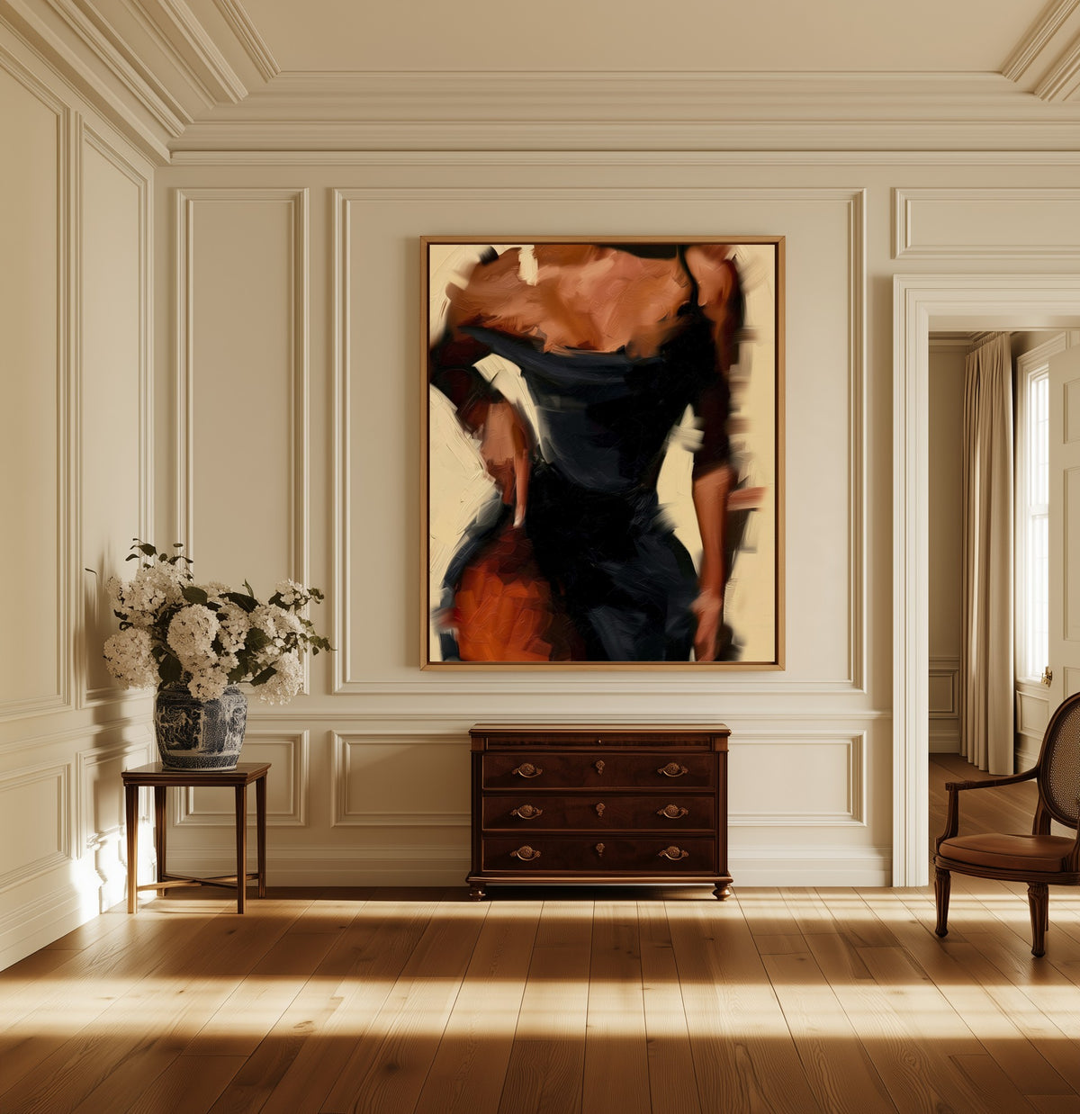 Fleeting canvas above a dark wood chest in a hallway
