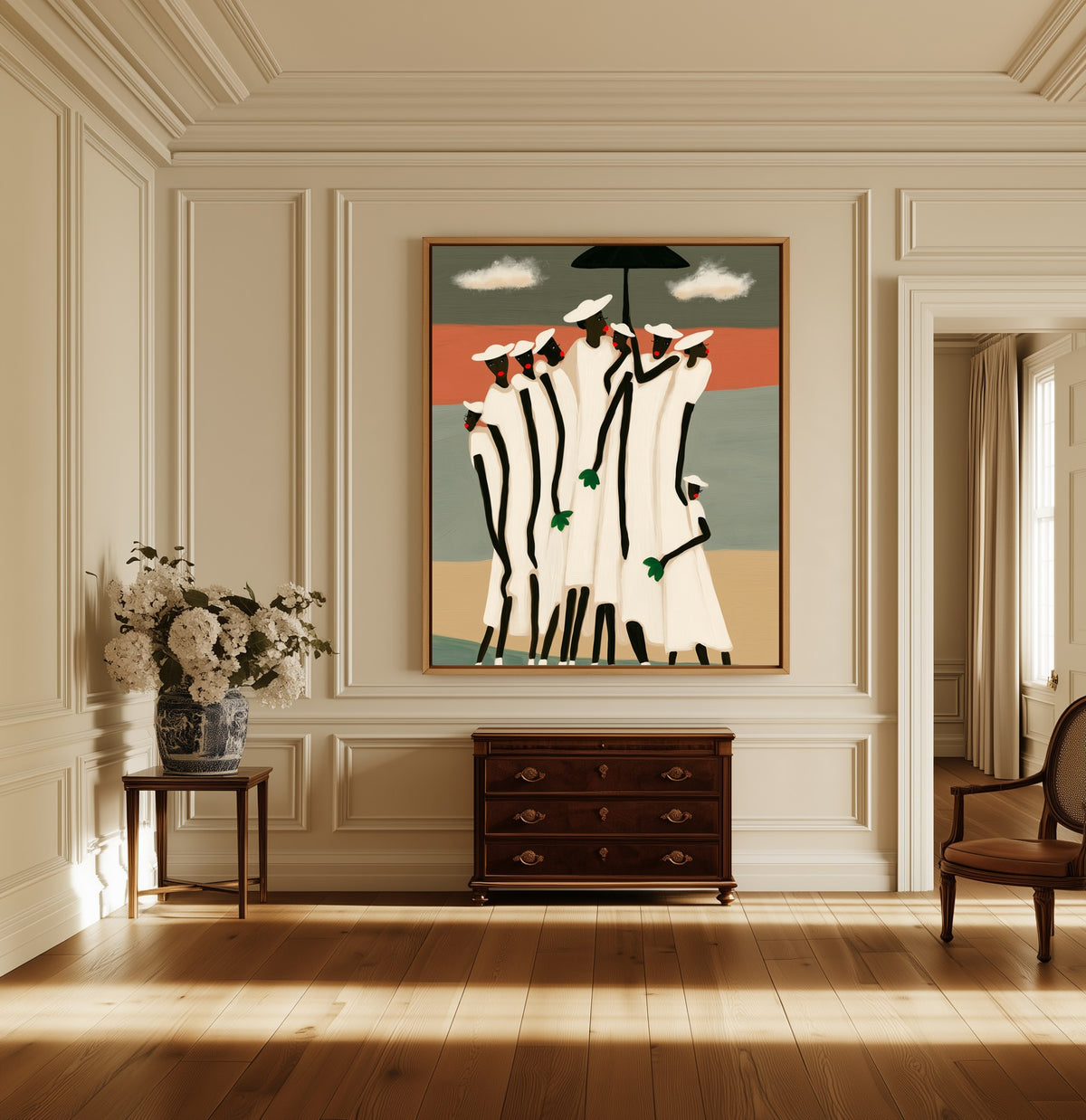 Under One Umbrella canvas above a dark wood chest in a hallway