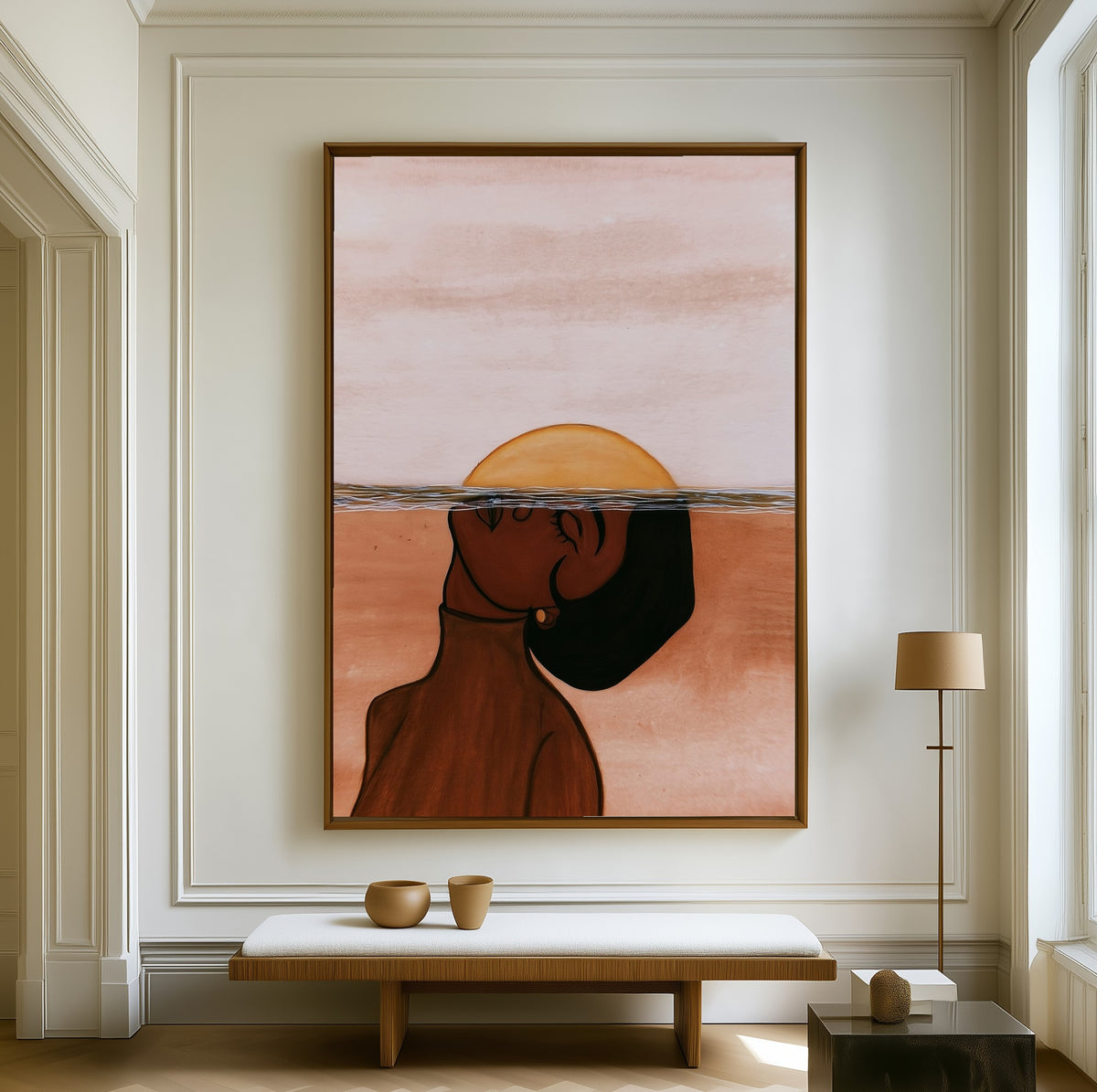 Moonrise Within canvas above a walnut bench in a bright living room
