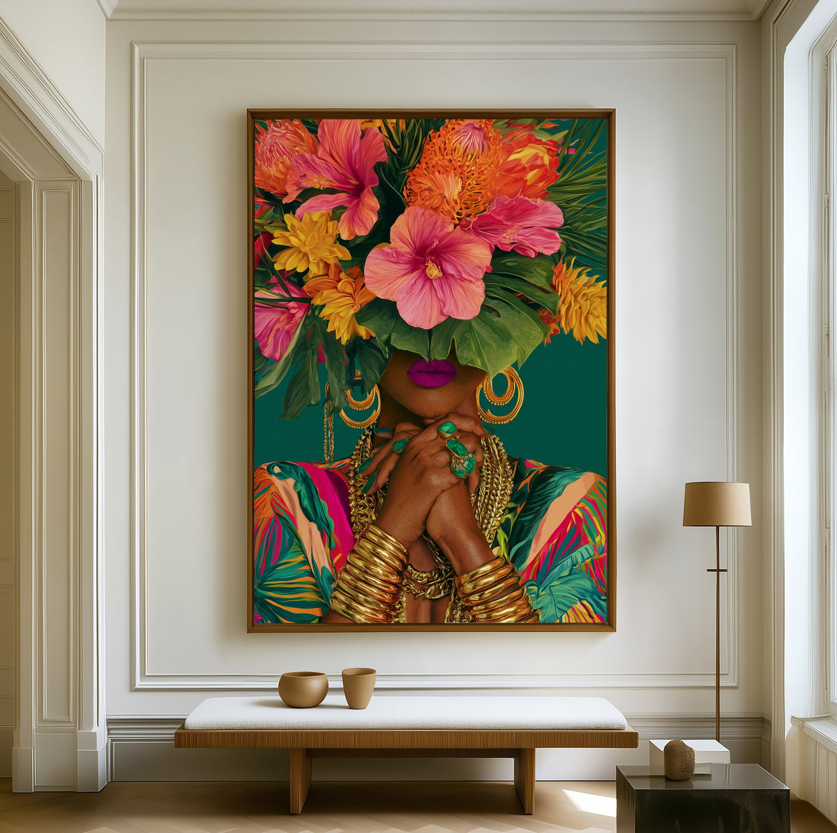 Woman with Hibiscus canvas above a walnut bench in a bright living room