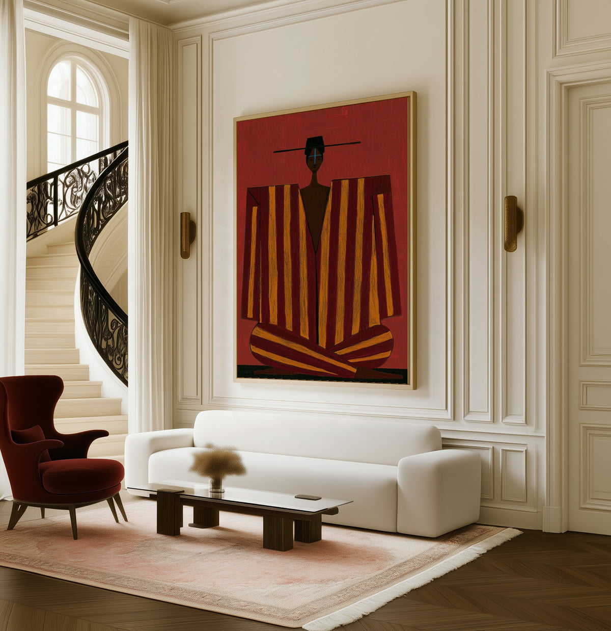 Carmine Stillness framed canvas in a living room beside a curved staircase