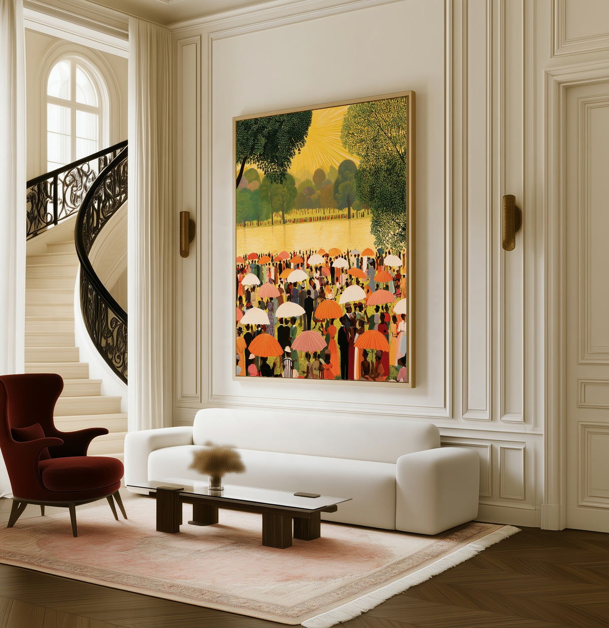 Reunion by the Lake framed canvas in a living room beside a curved staircase