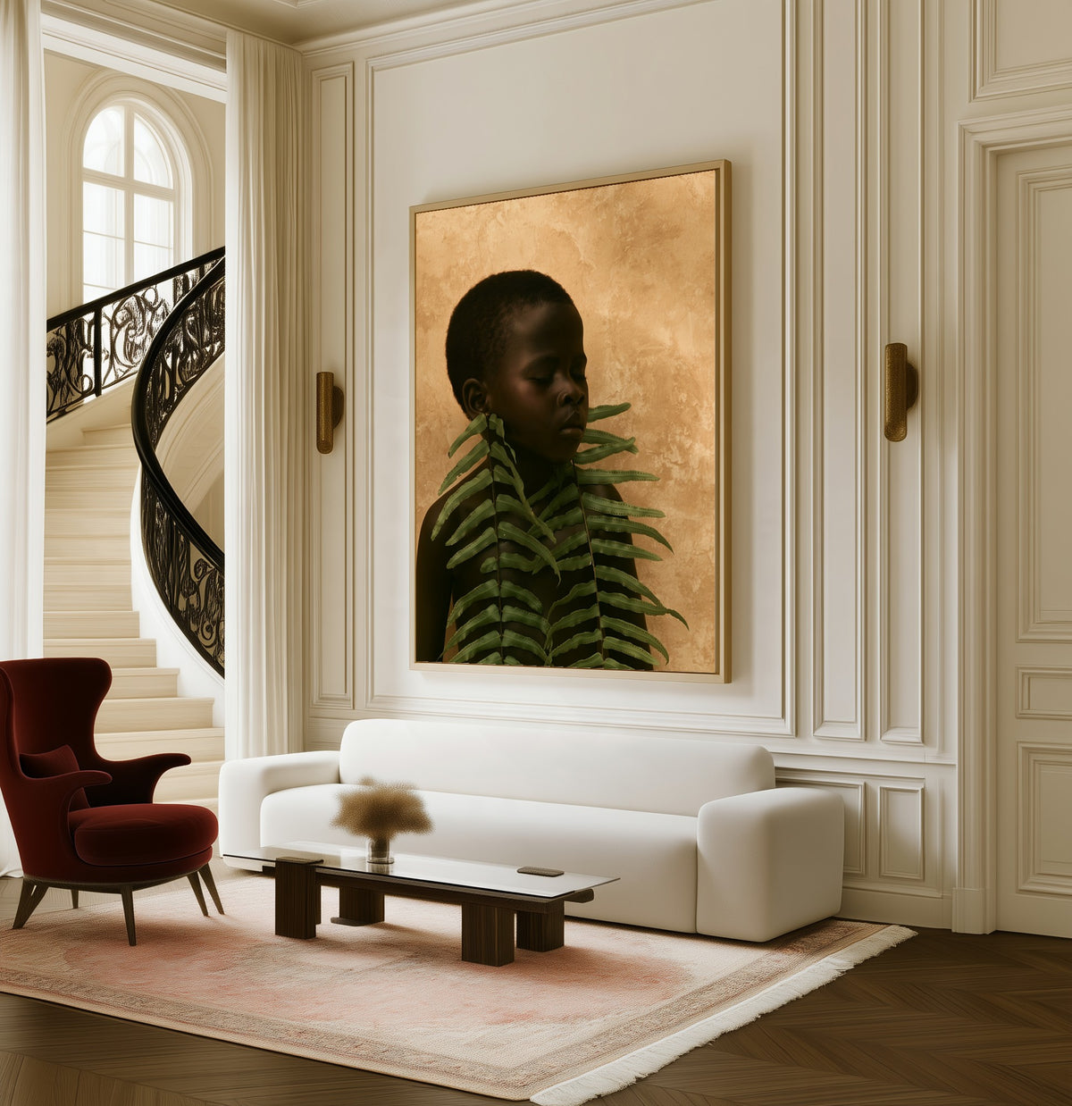 The Fern Garland framed canvas in a living room beside a curved staircase
