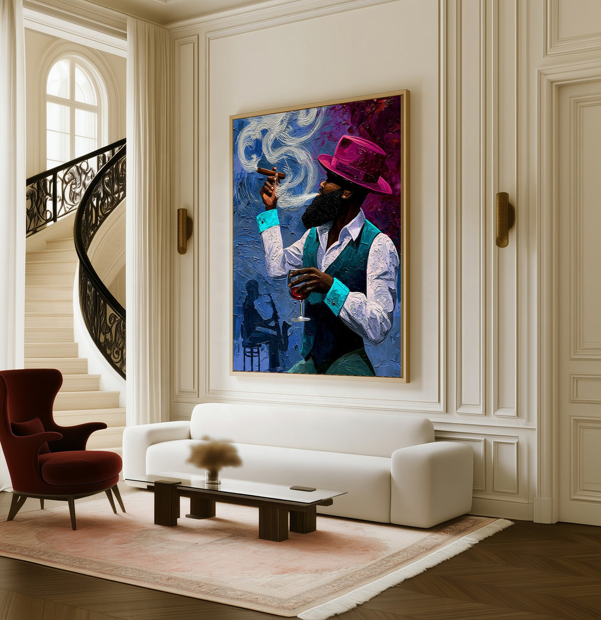 Gentleman in Magenta framed canvas in a living room beside a curved staircase