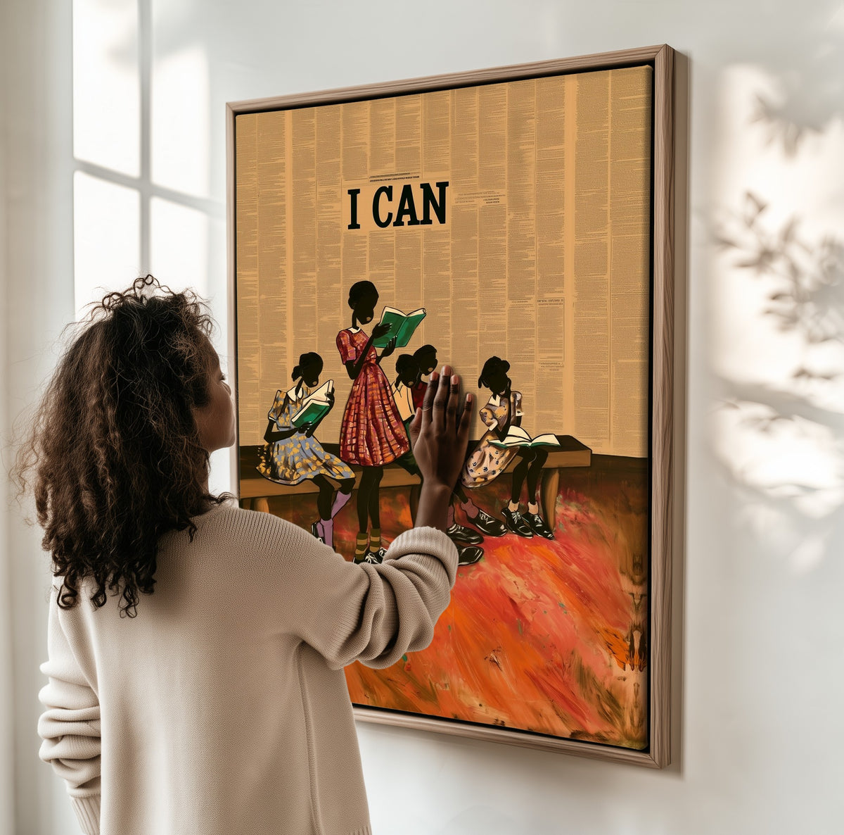The Reading Bench framed canvas, a woman hanging it on a sunlit wall