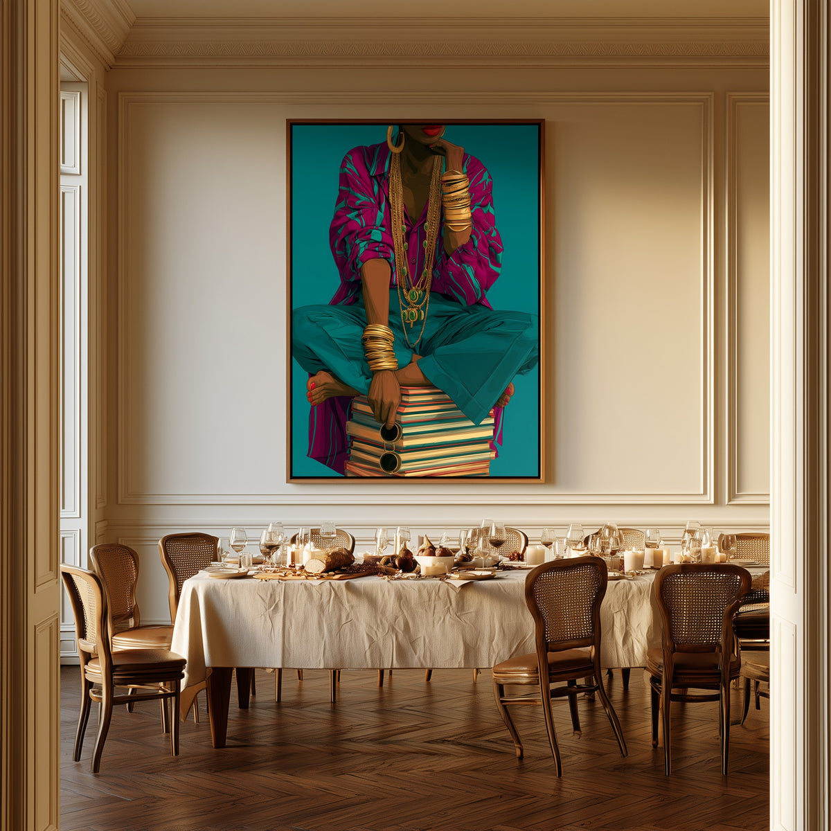 Throne of Books canvas above a dining table
