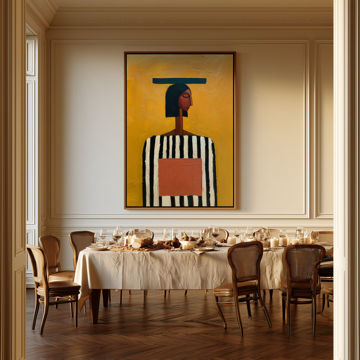 Ochre Calm canvas above a dining table