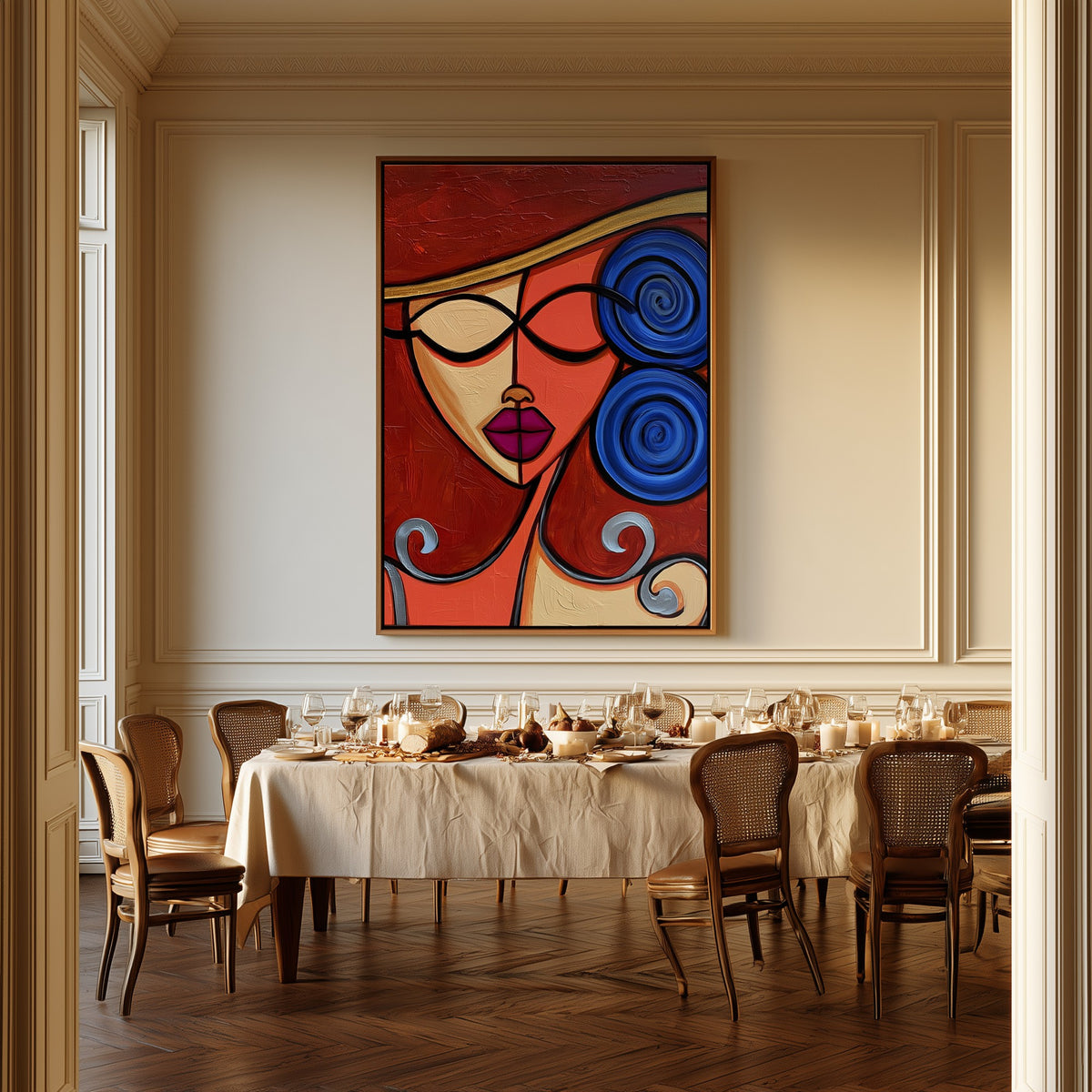 Cobalt Reverie canvas above a dining table