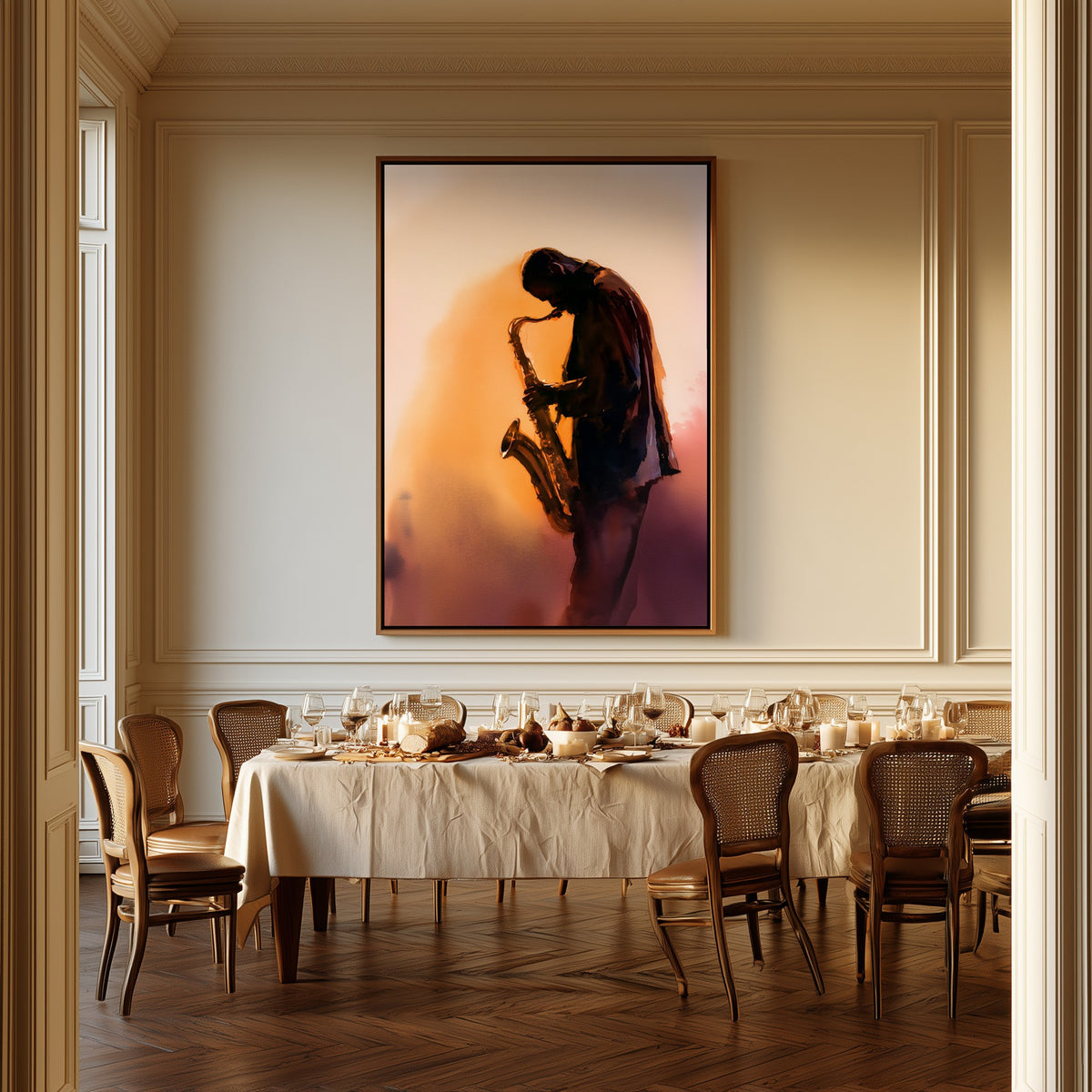 Breath and Brass canvas above a dining table