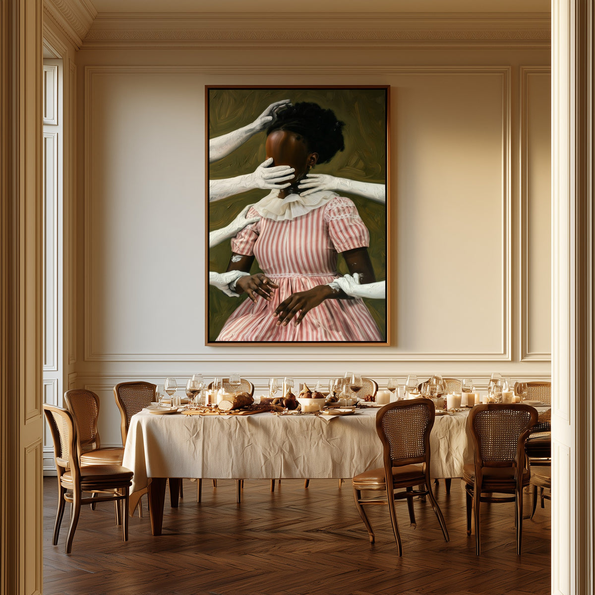 Held Still canvas above a dining table