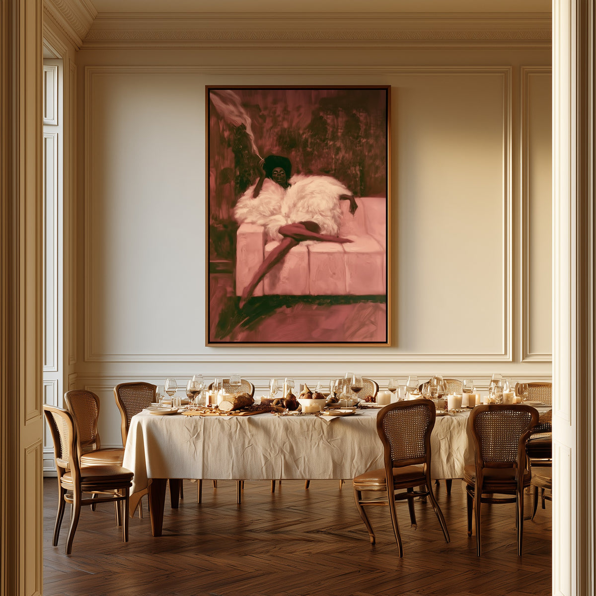 Woman in White Fur canvas above a dining table