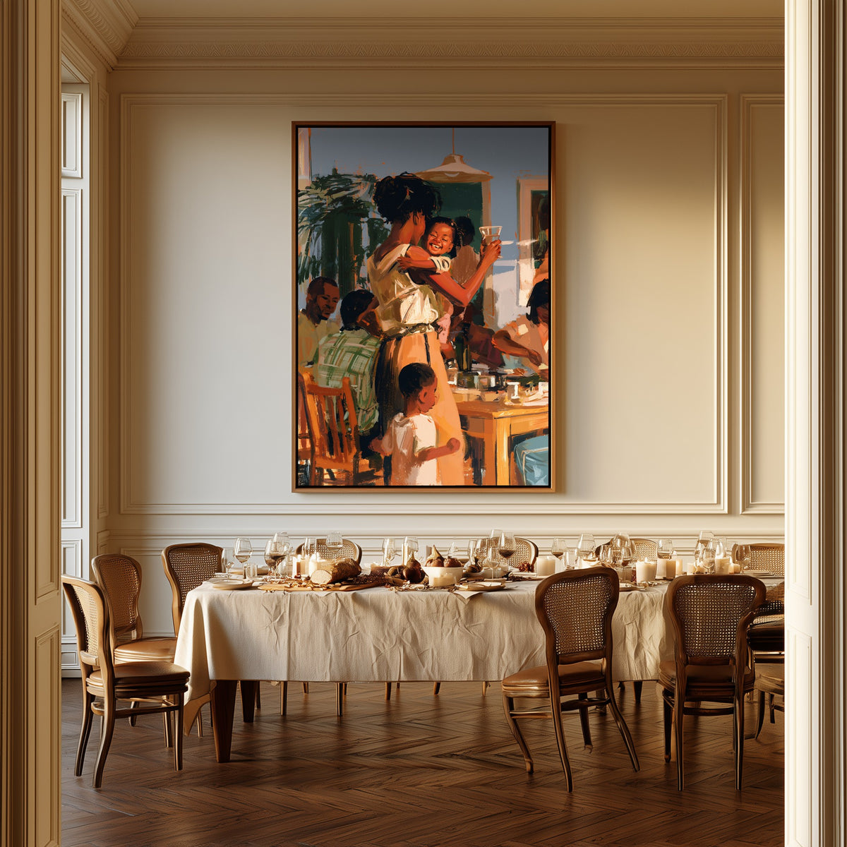 Coming Home for Supper canvas above a dining table