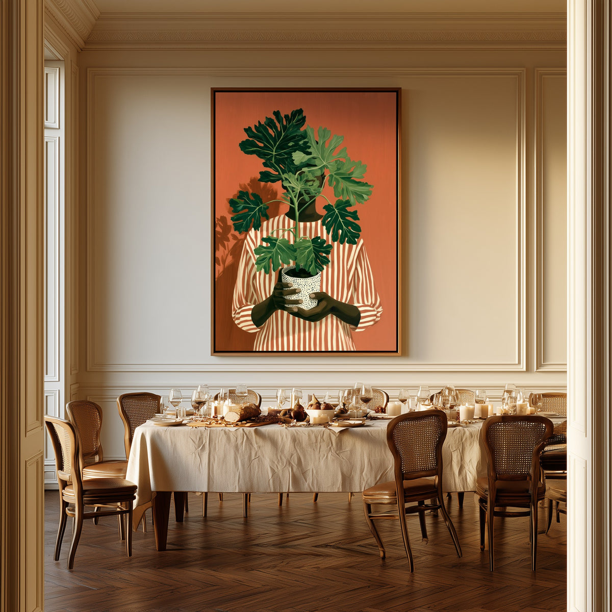Rooted Warmth canvas above a dining table