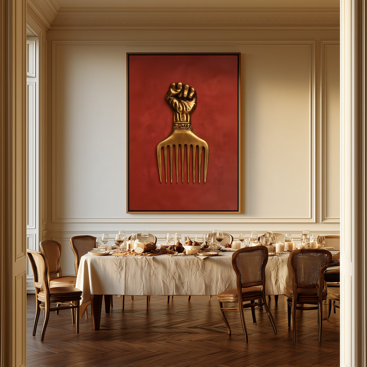 The Golden Pick canvas above a dining table