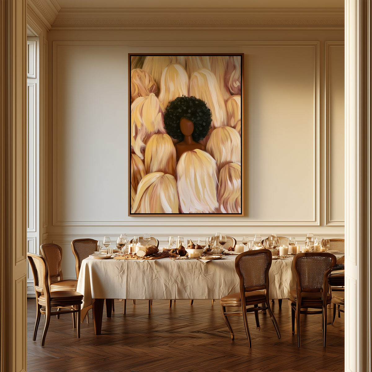 Portrait Among the Blondes canvas above a dining table