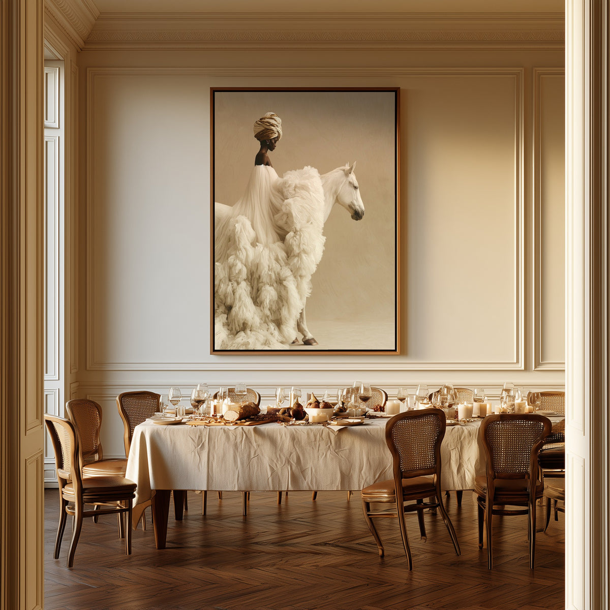 The White Mare canvas above a dining table
