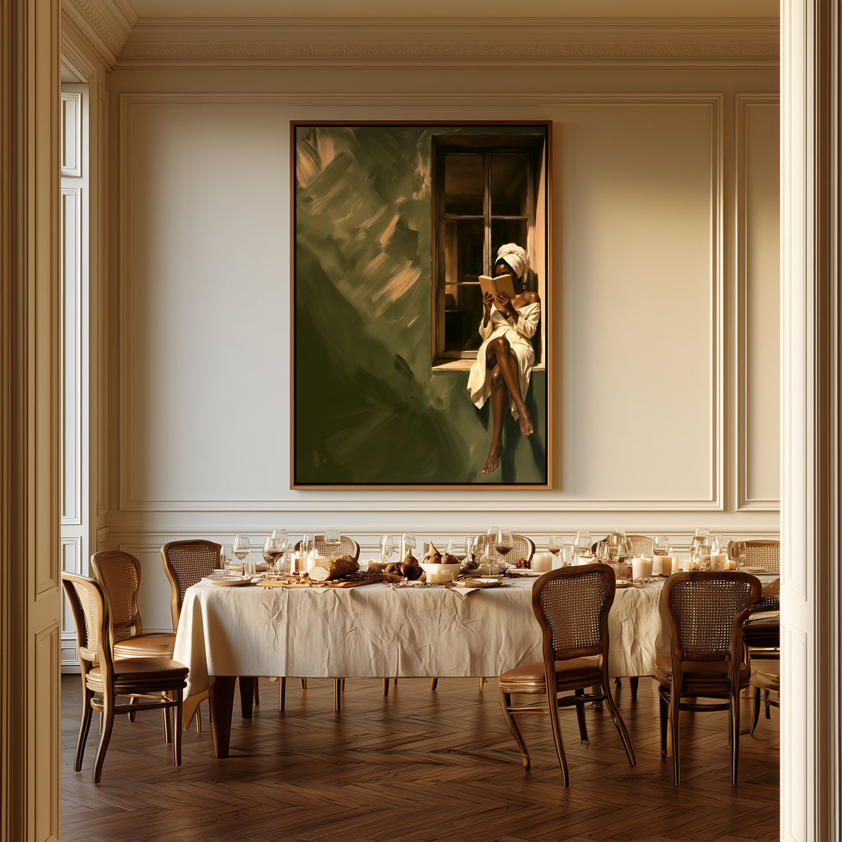 Reading by the Window canvas above a dining table