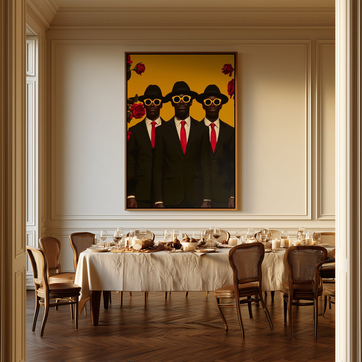 Three Gentlemen canvas above a dining table