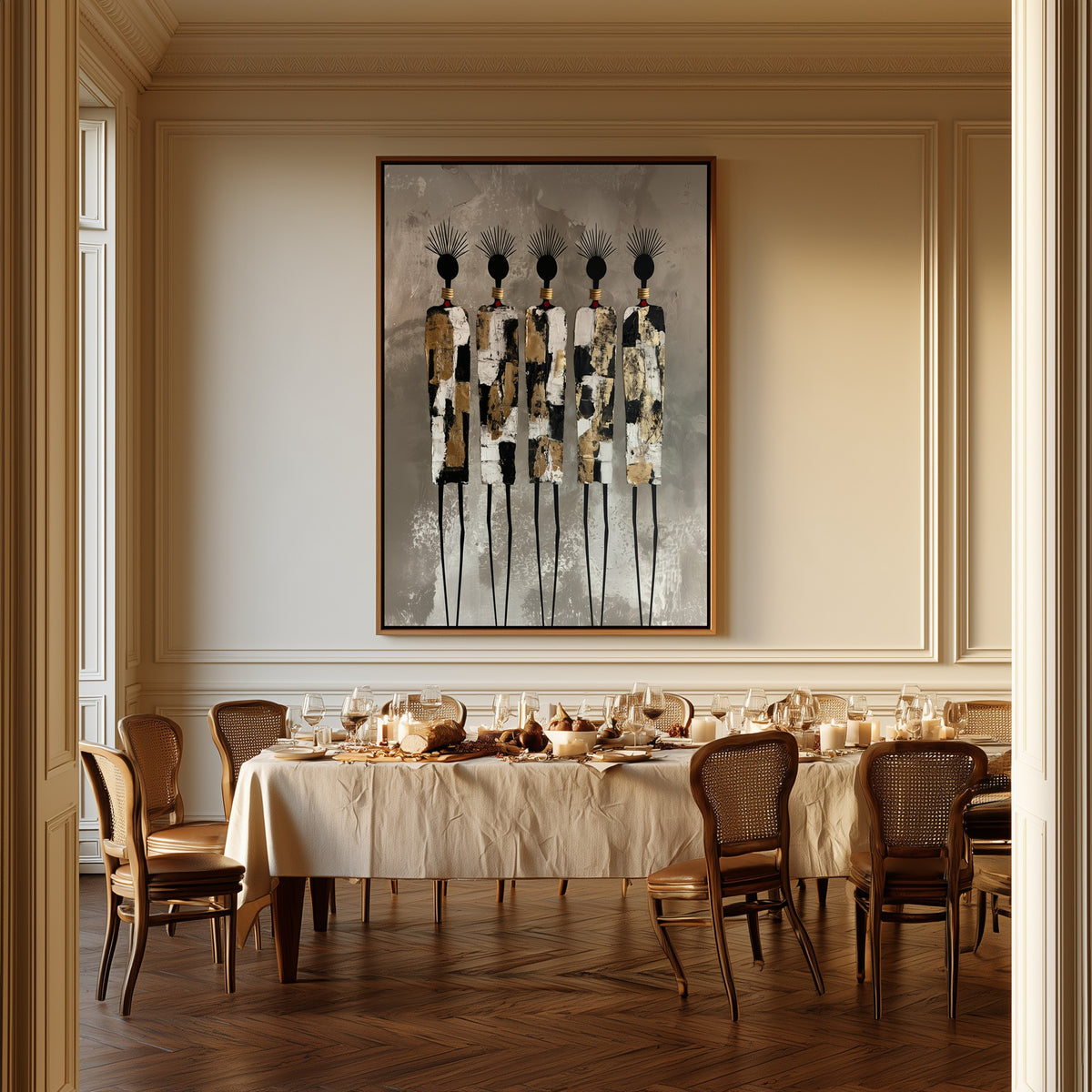 Gilded Rhythm canvas above a dining table